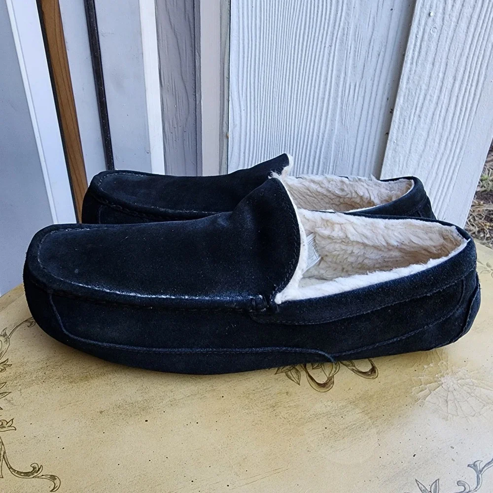 UGG Ascot Suede Slippers Plush Wool Sz 16 Loafers Black Driving Cozy Warm Soft